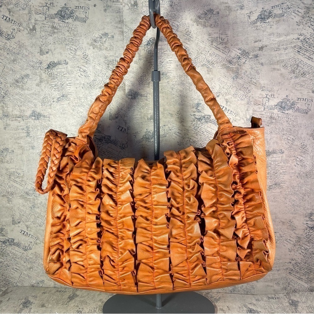 Caterina Lucchi Made In Italy Orange Calf Leather Ruffle Shoulder Tote Designer
